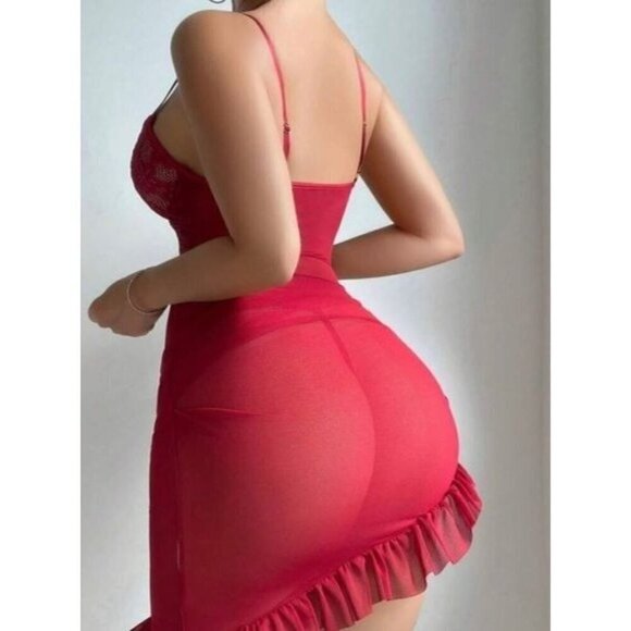 Sexy Burgundy Lace Contrast Mesh Lingerie Set - Picture 3 of 6